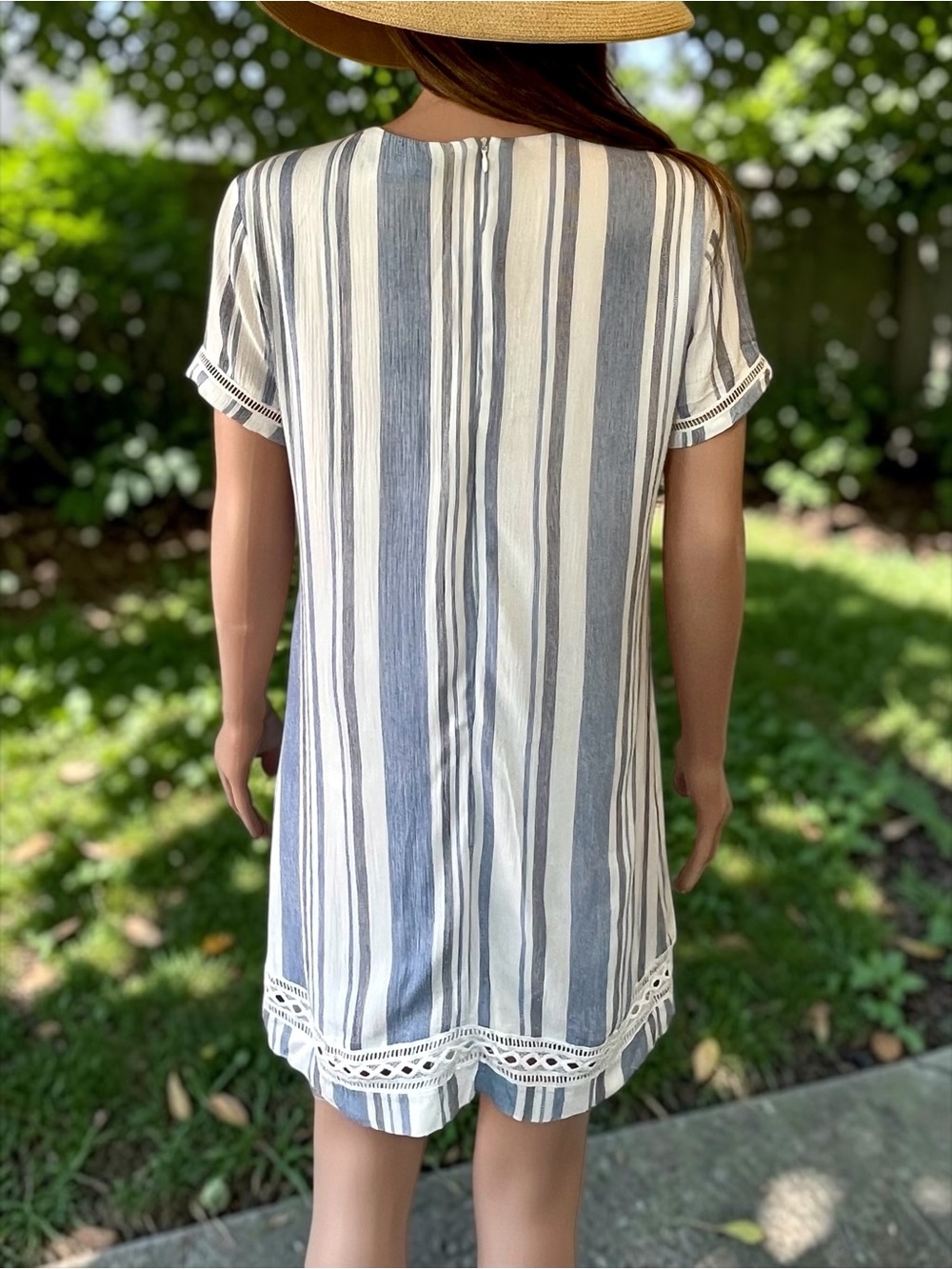 Lulus Blue & White Striped Shift Mini Dress XS Lined Rayon Coastal Boho - Picture 7 of 7